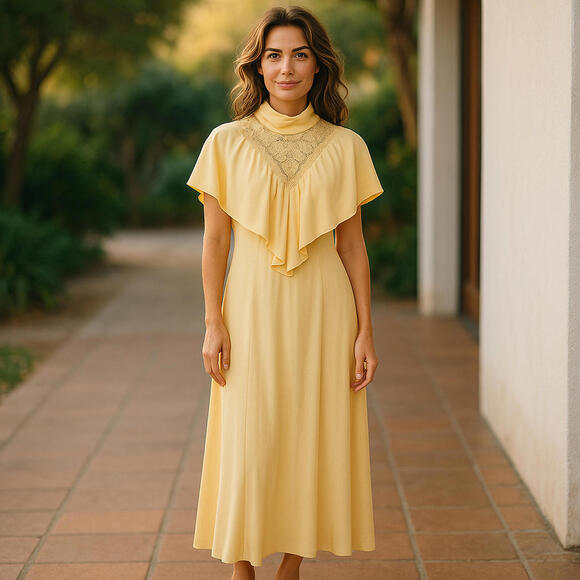Vintage 1970s Womens High Neck Capelet Formal Maxi Dress Size Small Yellow